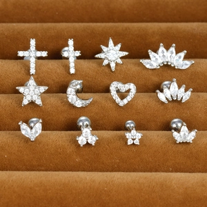 Stainless Steel Cartilage Stud Earrings With Cubic Zirconia Cross Star Moon Heart Crown Shape Dainty Body Jewelry