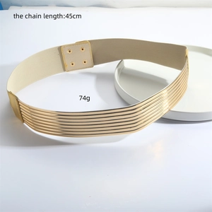 French vintage gold striped metal elastic belt for women, 45cm length and 74g weight