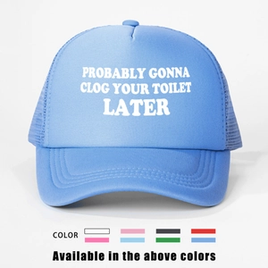 Detail showing the adjustable blue trucker hat with printed slogan and color options