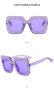 Detail view of light purple square sunglasses with sparkling rhinestone embellishments