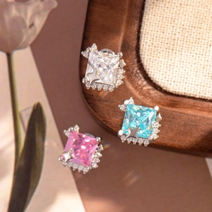 Square zircon stud earrings in white, blue and pink with silver titanium steel base