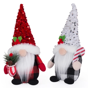 Pair of Christmas faceless gnomes with sequin hats and plaid bodies for festive holiday decor