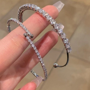 Bracelet Jonc Femme Cuivre Incrusté De Zircone Réglable Ouvert Élégant Mode Style Coréen Bijoux De Luxe