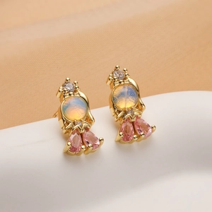 Exquisite 18K gold plated goldfish stud earrings with pink zircon tail and opal stone