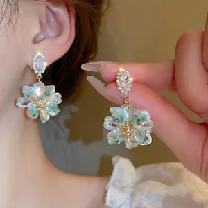 Flower Drop Earrings With Synthetic Crystal And Resin Petals Vintage Elegant Floral Dangle Jewelry With Silver Earring Post