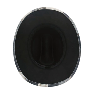 Bottom view detail of western felt cowboy hat showing black lining and denim texture brim