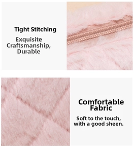 Detailed macro view of pink faux fur texture and precise stitching on the plush shoulder bag