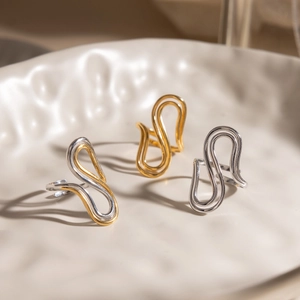Flowing Wave Open Ring Stainless Steel Adjustable Two Tone Gold Silver Minimalist Modern Jewelry For Women