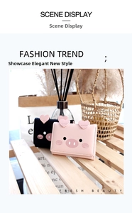 Cute cartoon pig style short tri-fold PU leather wallets with heart details in pink and black