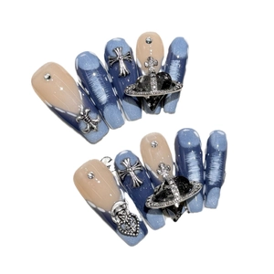 Y2K punk style press-on nails with blue denim texture and silver cross charms