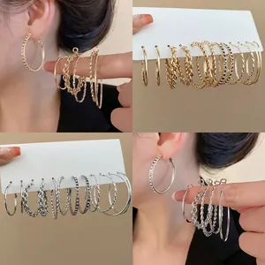 Boucles D'oreilles Créoles Alliage Strass Silver Earring Post Torsadées Texturées Minimalistes Élégantes Bijoux Femme