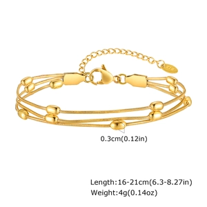 Detail of 18K gold-plated triple snake chain bracelet showing adjustable 16-21cm size