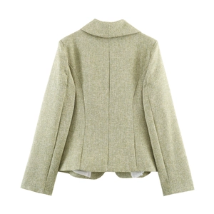 Back view of a light green tweed jacket for women featuring slim fit waist and textured fabric