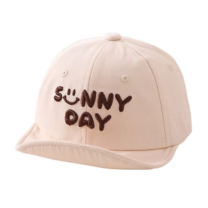 Beige cotton baby baseball cap with Sunny Day embroidery and soft brim for sun protection