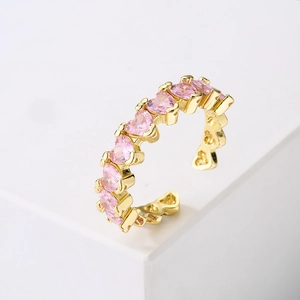 Adjustable 18K gold-plated open ring with multiple pink heart-shaped zircon stones