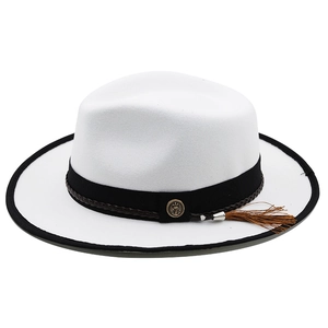 White wool fedora hat with black trim, anchor emblem and tassel decoration