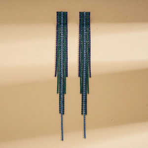 Elegant long square tassel earrings with blue and green crystal rhinestones