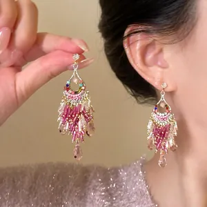 Bohemian long tassel earrings with pink beads and crystals for elegant floral vintage style