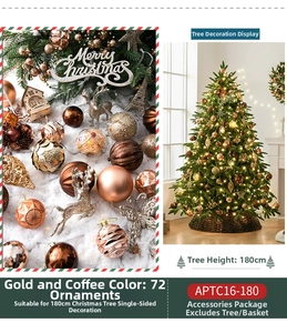 Detailed set of 72 gold and brown Christmas tree ornaments featuring reindeer and snowflakes