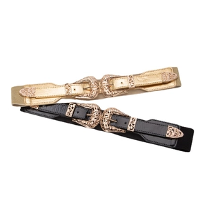 Retro wide elastic waist belt with double western style carved floral buckles in black and gold