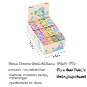 Detail view of 32-piece cartoon dinosaur jelly erasers in a compact storage display box