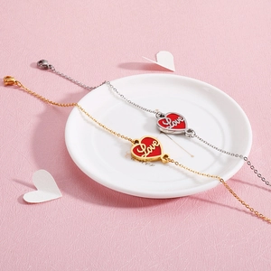 Adjustable stainless steel heart bracelet set with red enamel and Love lettering