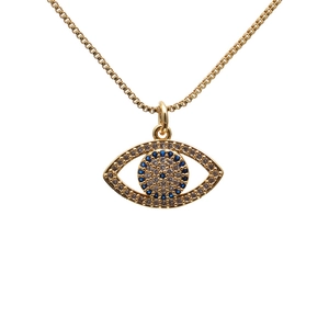 Golden box chain necklace with evil eye heart pendant featuring blue and clear zircons