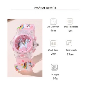 Pink cartoon unicorn kids watch details showing dial dimensions and silicone strap specs