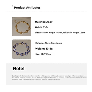 Detailed size and weight specs for gold shell and blue flower rhinestone bracelets