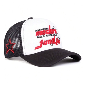 Detail of red 3D embroidery and side star on black and white mesh trucker cap