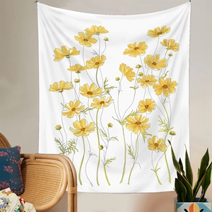 Floral wall tapestry with yellow cosmos print in a cozy Nordic living room setting