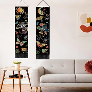 Set of two bohemian mushroom tapestries with sun and moon designs and black tassels