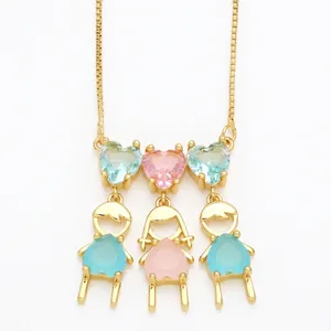 Cute gold chain necklace with heart zircon stones and boy girl cartoon figures pendants