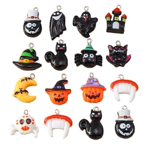 Set of 16 colorful cartoon Halloween charms featuring ghosts, pumpkins and black cats
