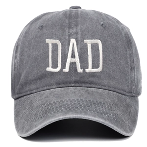 Vintage washed dark grey cotton baseball cap with white DAD embroidery on the front