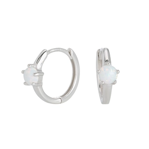 Detailed side and front views of silver hoop earrings with white opal gemstone