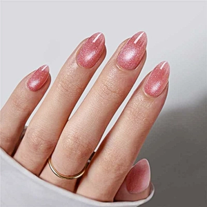 Pink Cat Eye Press On Nails Almond Shape Shiny Glitter Glossy ABS Fake Nails For Women Fashion Elegant Manicure