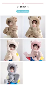 Detailed collage of plush 3-in-1 hat scarf gloves set in five soft pastel colors