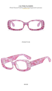 Detailed side and front view of pink floral pattern thick frame retro square sunglasses