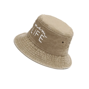 Vintage khaki cotton bucket hat with white mom LIFE embroidery and breathable metal eyelets