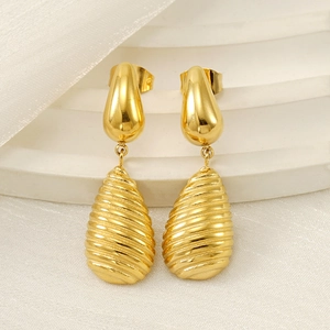 Water Drop Earrings Threaded Spiral Texture 18K Gold Plated Stainless Steel Vintage Elegant Jewelry For Women
