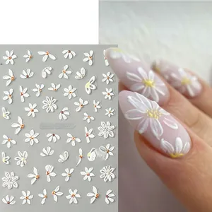 Detail of 5D embossed white daisy nail art stickers STZ-5D107 with textured floral patterns