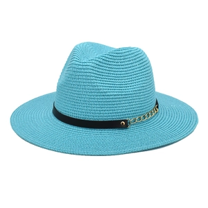 Sky blue foldable straw fedora hat with black decorative band and gold metal chain detail