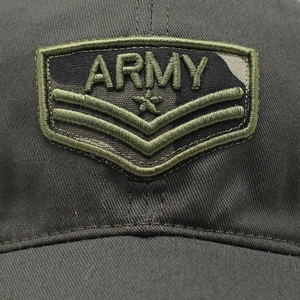 Detail of army green baseball cap featuring high-quality 3D embroidery and twill cotton texture