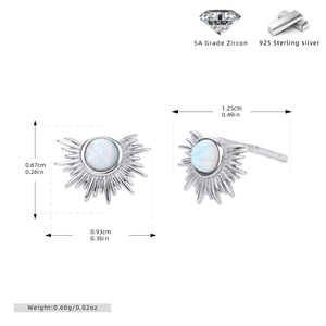 Detail view of S925 silver sunburst stud earrings with opal stone and measurements