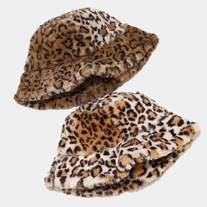 Double leopard print faux fur bucket hats for women, autumn winter thick warm fuzzy sun caps