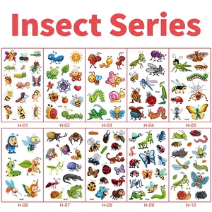Detailed view of 10 sheets of colorful waterproof cartoon insect tattoo stickers for kids