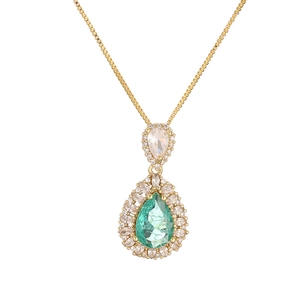 Elegant gold double layer necklace with emerald pear pendant and micro-pave crystals