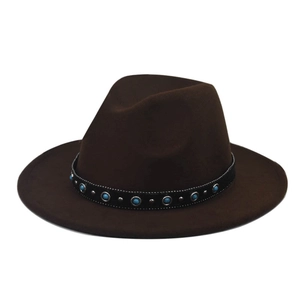 Detail of dark brown wool fedora hat featuring blue turquoise beads and silver studs