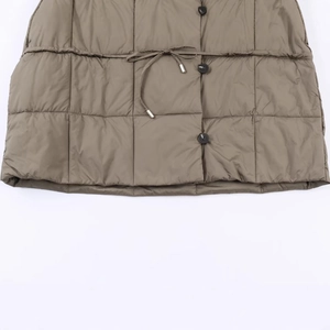Quilted olive green jacket with adjustable waist drawstring and black button details